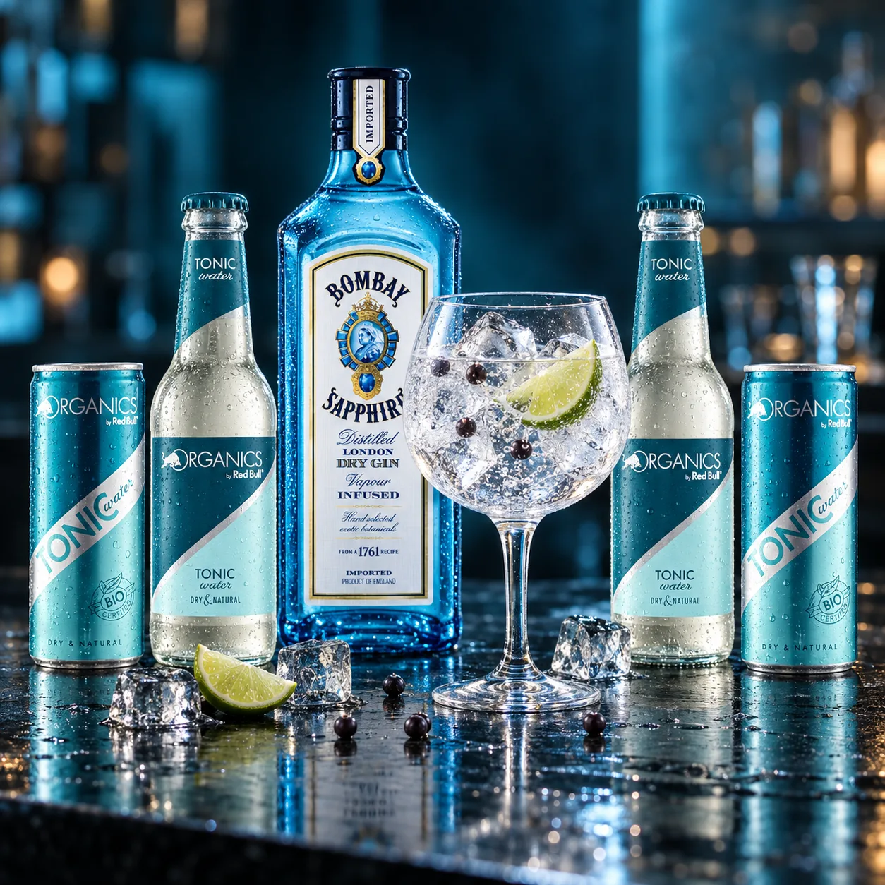 Bombay Gin mit 4x Organics Tonic by Red Bull