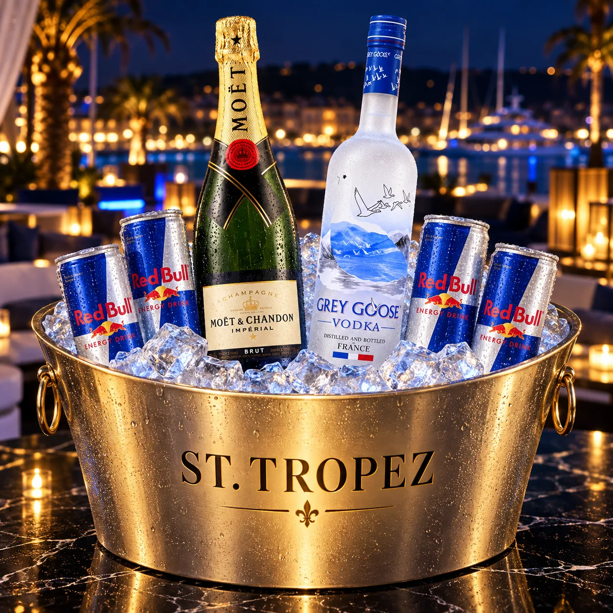 St Tropez mit 1 Flasche Moet Chandon Brut Imperial 0,75l u. 1 Flasche Grey Goose + 4x Red Bull
